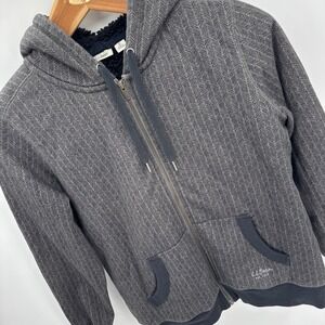 LL Bean Womens Full Zip Hoodie M Grey Herringbone Sherpa Lined Jacket